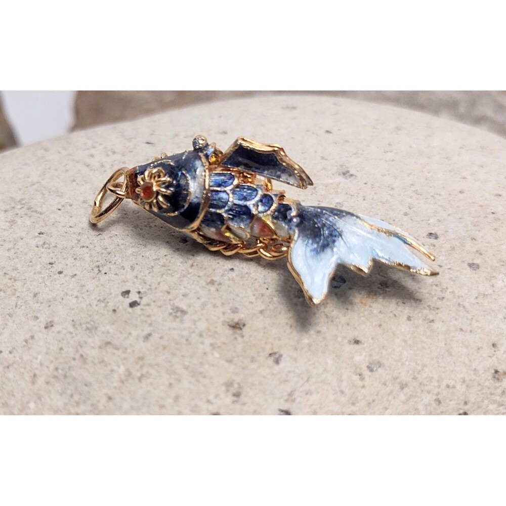 Vintage Blue Cloisonne Enamel Articulated Koi Fish Pendant 1 1/2"